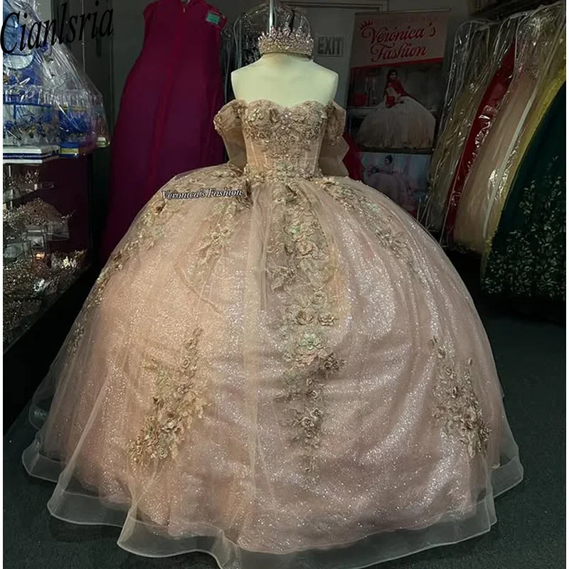فساتين Quinceanera مزينة بالخرز من التول باللون الذهبي الوردي مع فيونكة حلوة 15 16 فساتين فيستدوس دي 15 أنيوس