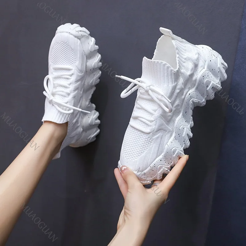 Women Chunky Sneakers Breathable Knitting Thick Bottom Anti-slip Slip-on Loafers Comfort Running Sports Shoes Ladies Footwears view 3