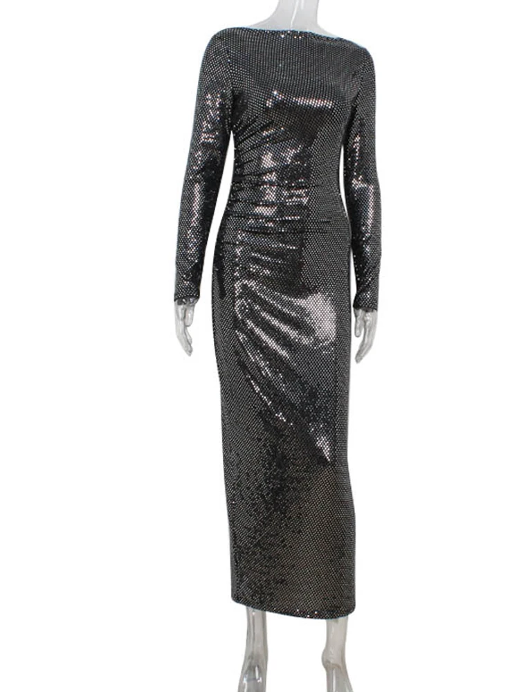 أنيقة س الرقبة طويلة الأكمام التفاف الورك فستان عادية عالية الخصر ثنيات فستان طويل المرأة موضة لامعة الترتر نادي فساتين الحفلات