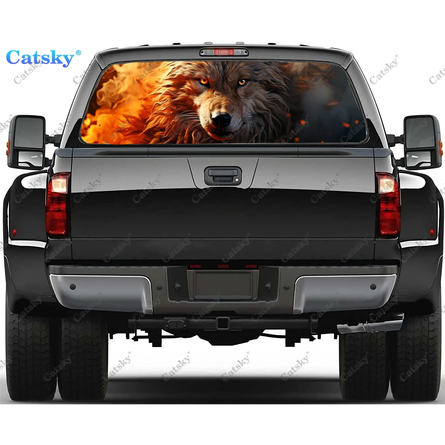 Mystical Fiery Wolf Fantasy Rear Window Decal Fit Pickup,Truck,Car Universal See Through Perforated Back Windows Vinyl Sticker