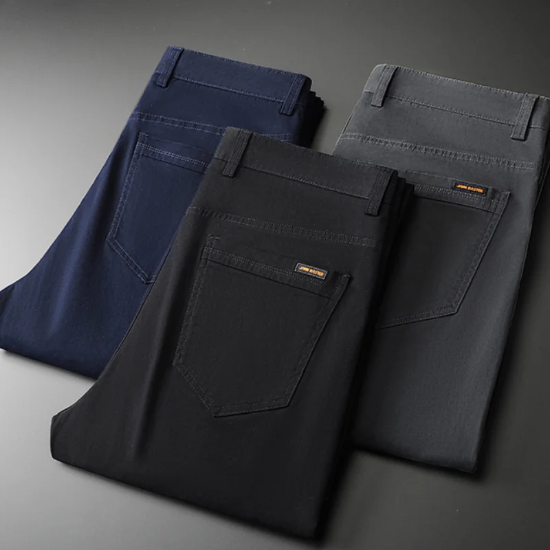 

97% Cotton Men's Stretch Casual Pants Classic Straight High Waist Loose Business Work Trousers Brand Clothing Black Gray Blue