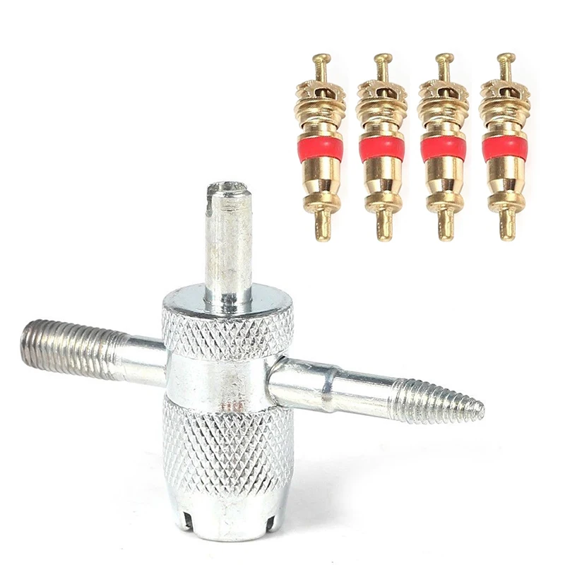 Car Bike 4 Way Tyre for Valve Repair Standard Tire Remover Tool + 4 Stem Cores K Dropshipping