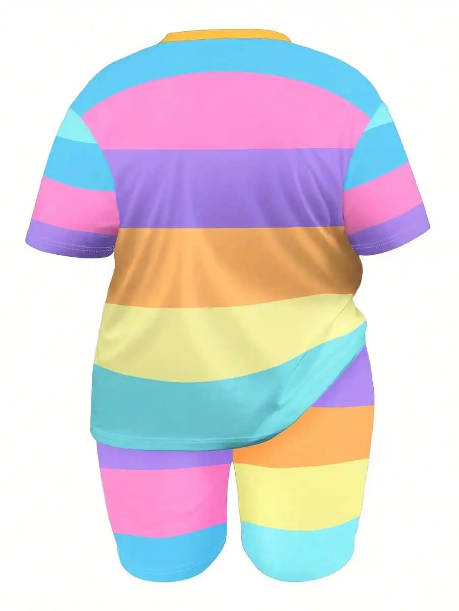 

Womens Colorful Striped Short Sleeve Shorts Set Casual Plus Size