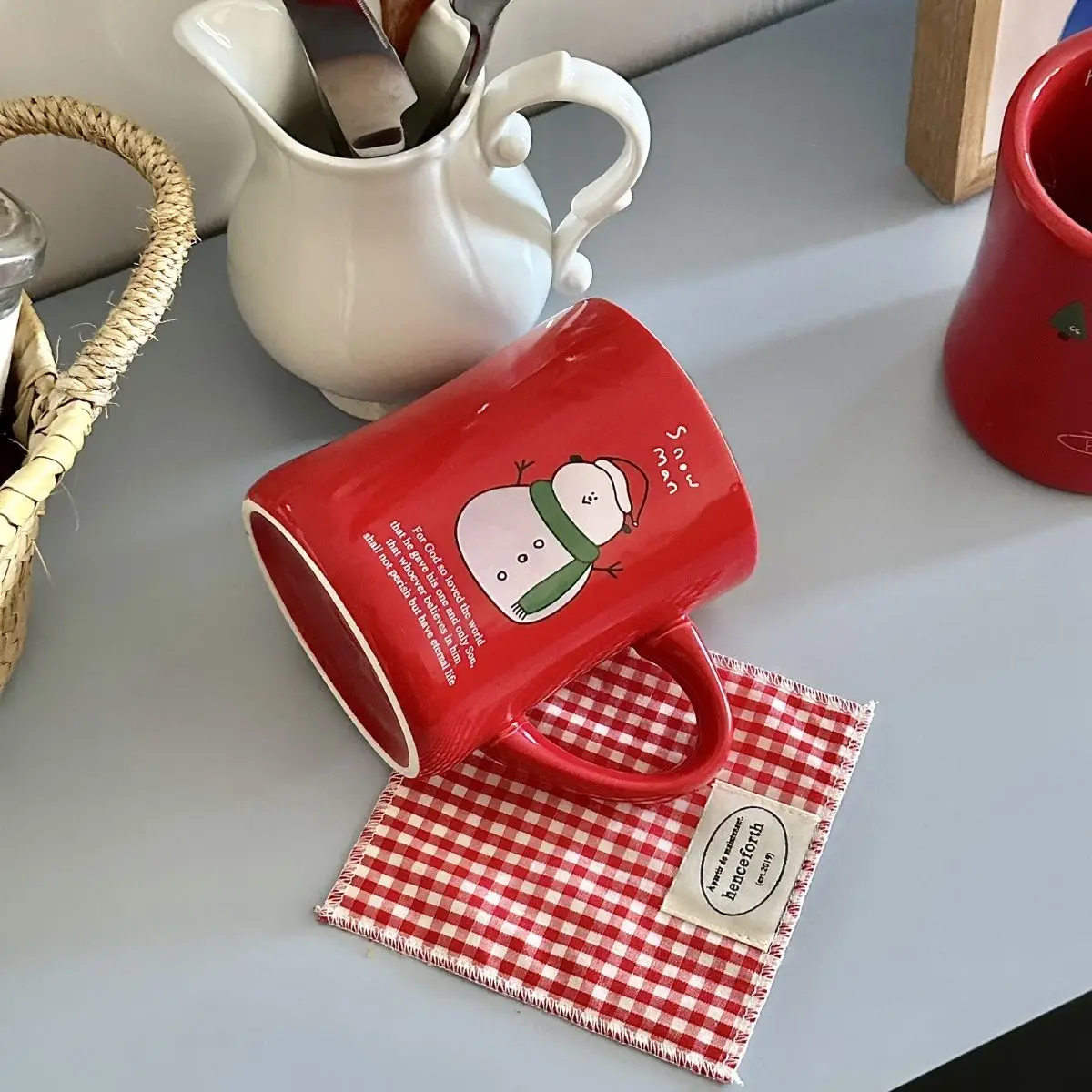 Little Snowman Red Ceramic Mug, Christmas Snowman Cup, Couple Gift Cup, Companion Gift Box Set