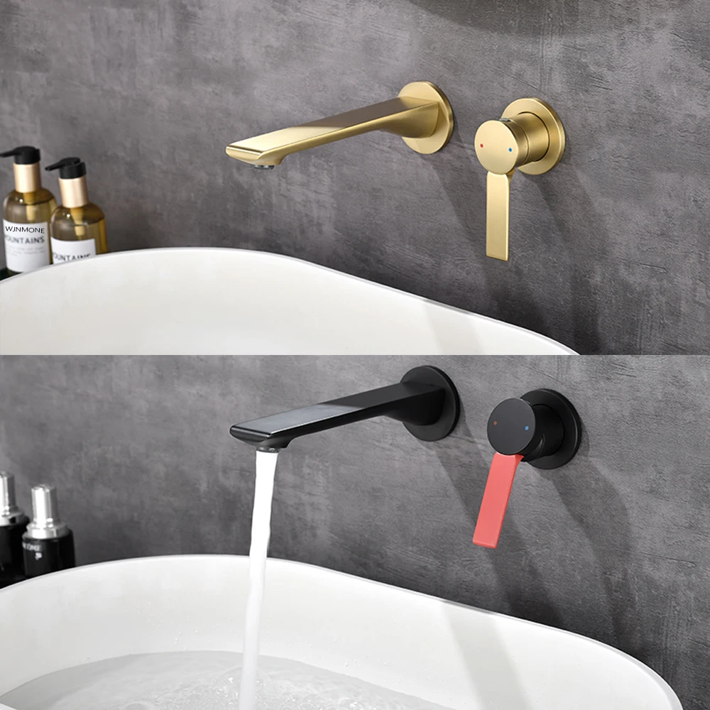 Grifo de lavabo de baño oculto de Oro pulido de lujo, grifo de latón macizo de un solo mango en la pared, grifos de baño de lavabo frío y caliente Grifos de gama alta modernos del lavabo para el apartamento del hotel