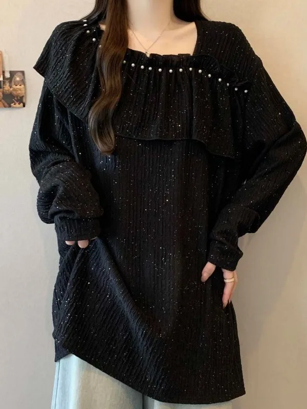 

Bla Long Sve T-irt Women's Spring Loose Fit Embellied Lace Hem Textured Women's Casual Sle plus Size Top