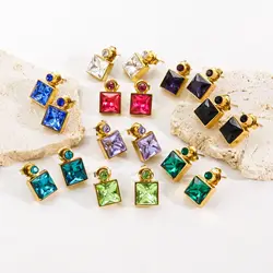 Square High-End Stainless Steel Color Zircon Earrings for Women, Sweet Temperament, Perfect Summer Jewelry