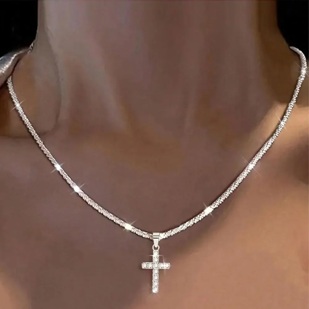 Silver Cross Necklace for Women Rhinestone Cross Dainty Silver Layered Necklace