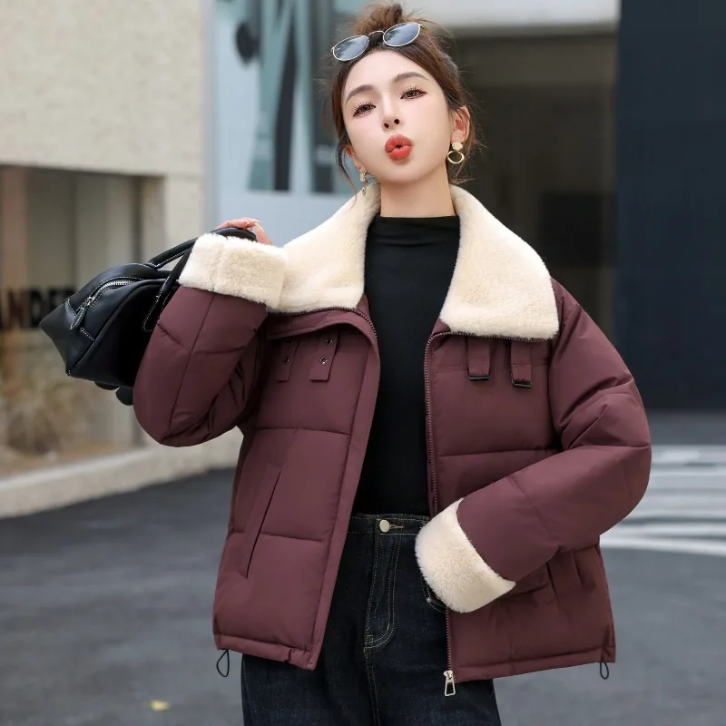 

Luxury Designer Clothing Lambswool Patchwork Collar Quilted Jacket Winter Warm Puffer Jacket Thick Coats Parkas Long Sleeve Top