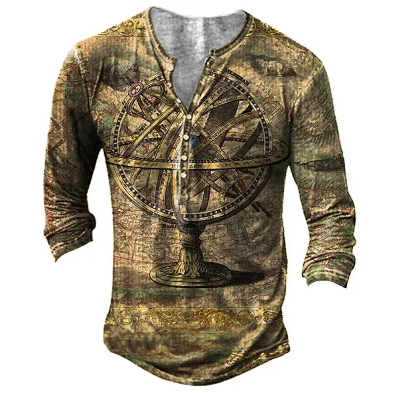 Vintage V-neck Cotton Long Sleeve T-shirts For Men 3d Print Navigation Henley Shirt Hip Hop Y2k Pullover Oversized Tee Shirt Men