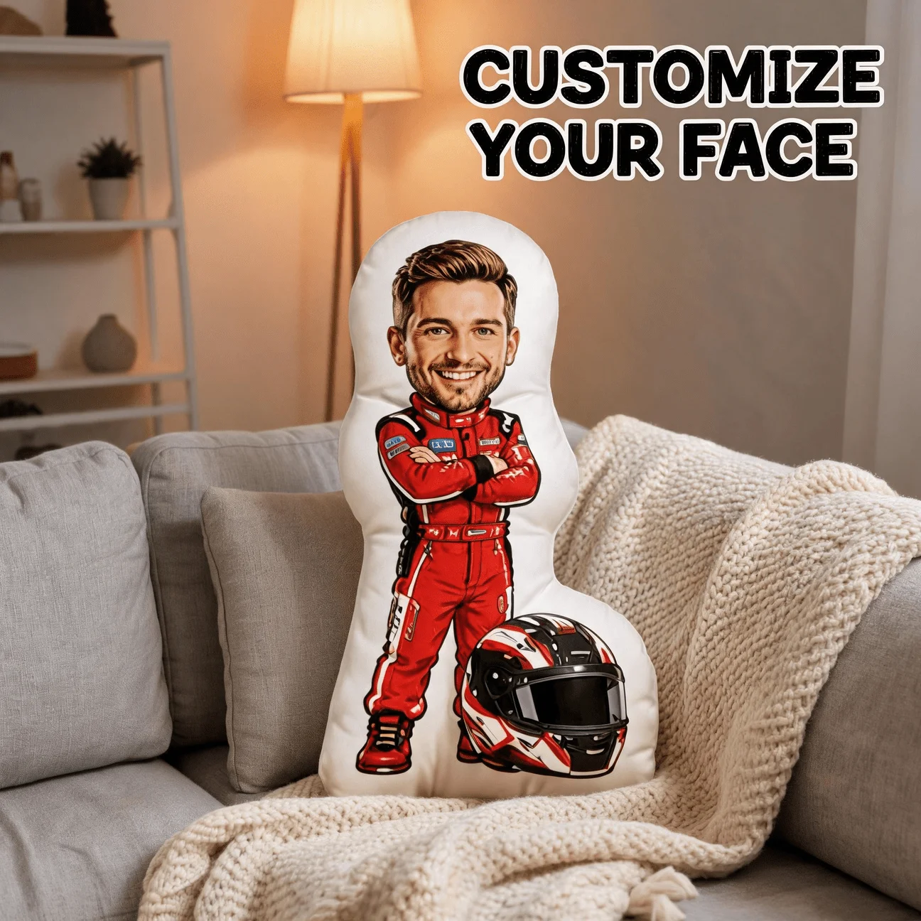 Custom Photo Racer Shaped Pillow Personalized Red Suit Driver Decorative Cushion Unique Home Decor Accent for Sofa Bedroom Gift