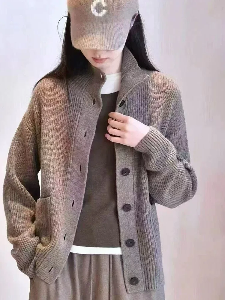 

Autumn Winter Wool Cardigan For Women 100% Merino Wool Thickened Pure Colors Loose Cashmere Knitted Sweater Female Clothing Tops