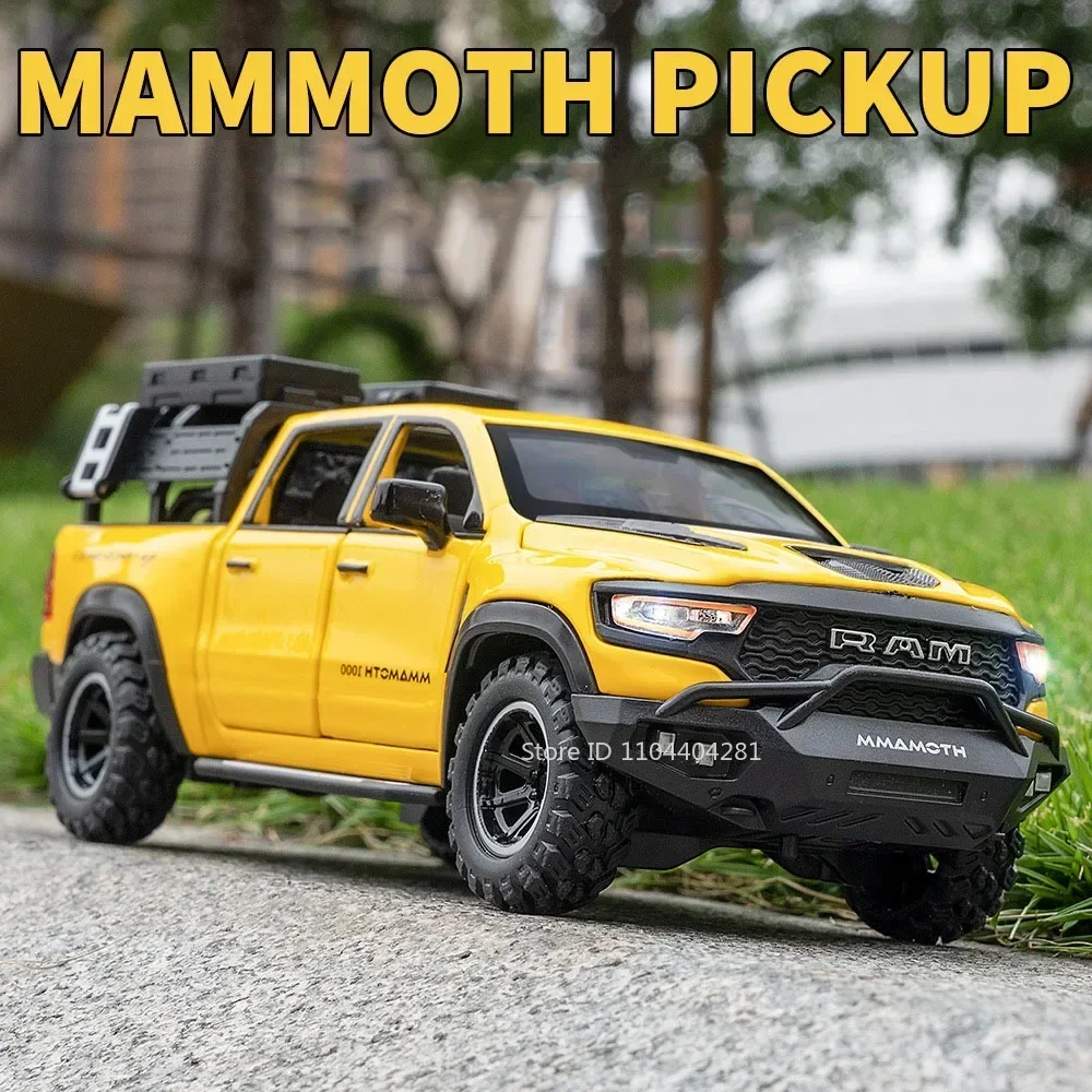 1:32 Mammut RAM Modello in miniatura in lega Diecast Pickup Giocattoli con luce sonora Tirare indietro Porte aperte Veicolo in metallo per ragazzo Giocattolo regalo