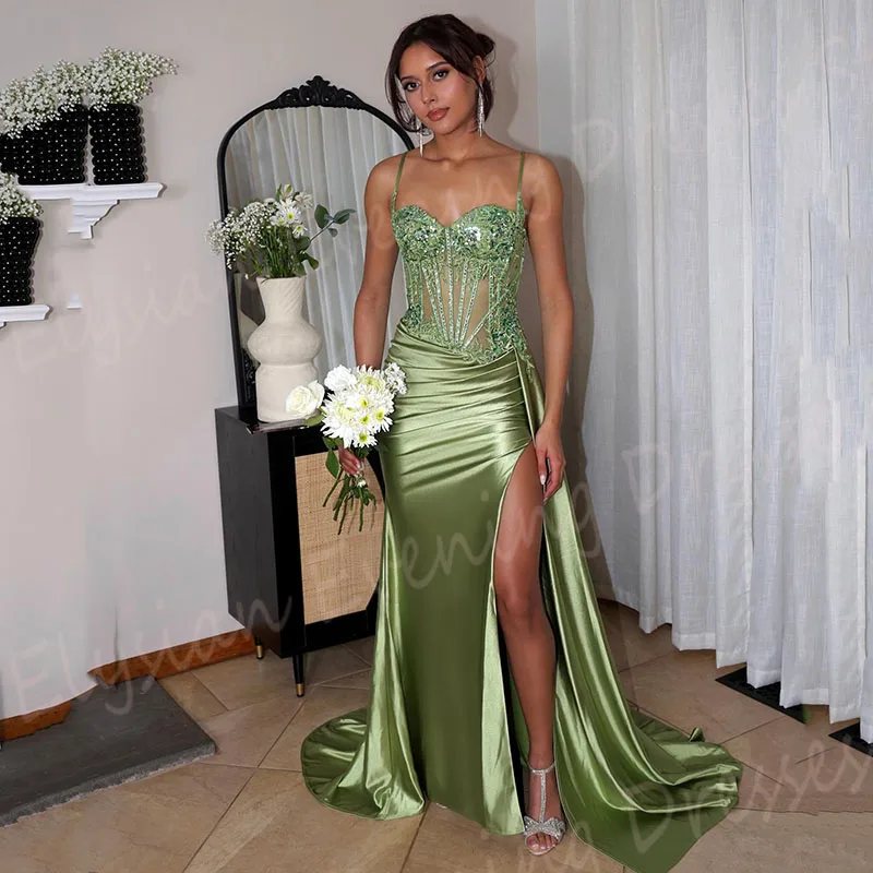 Graceful Green Women\'s Mermaid Evening Dresses Spaghetti Strap Customized Prom Gowns Charming Side Split Pleated فساتين سهرات