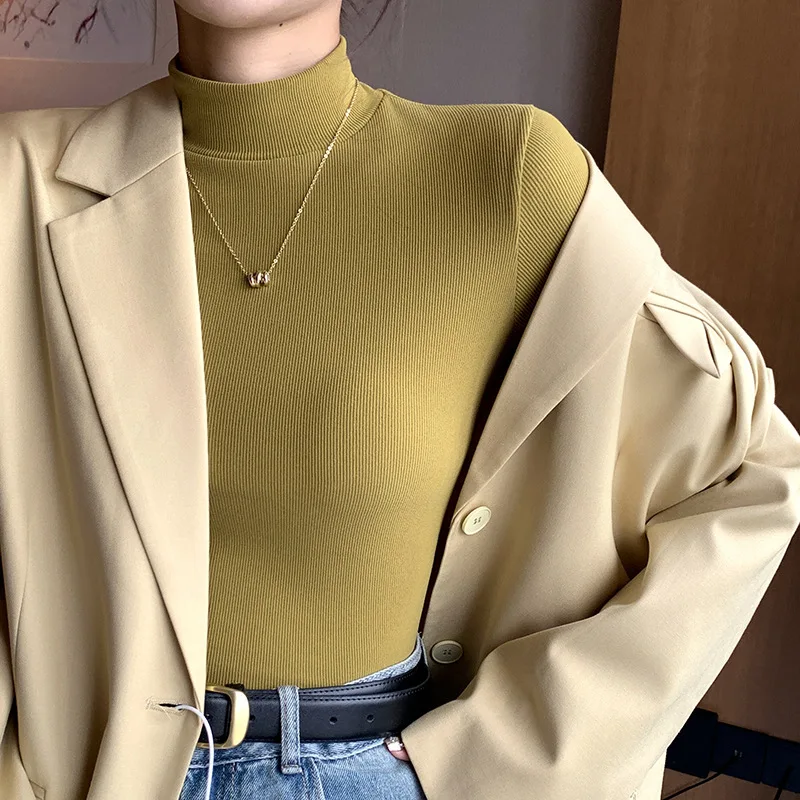 Women's New Autumn Winter Knitted Half High Neck Bottoming Shirt Long Sleeve Solid Color Black White Warm Inner Wear Pullover To