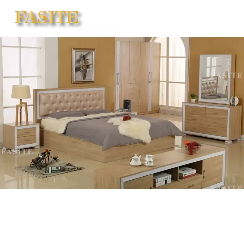 For King Size Bedroom Antique Wooden Furniture Set Modern Hotel Home Family Full Sleep Bed Frame Nightstand Dresser Durable