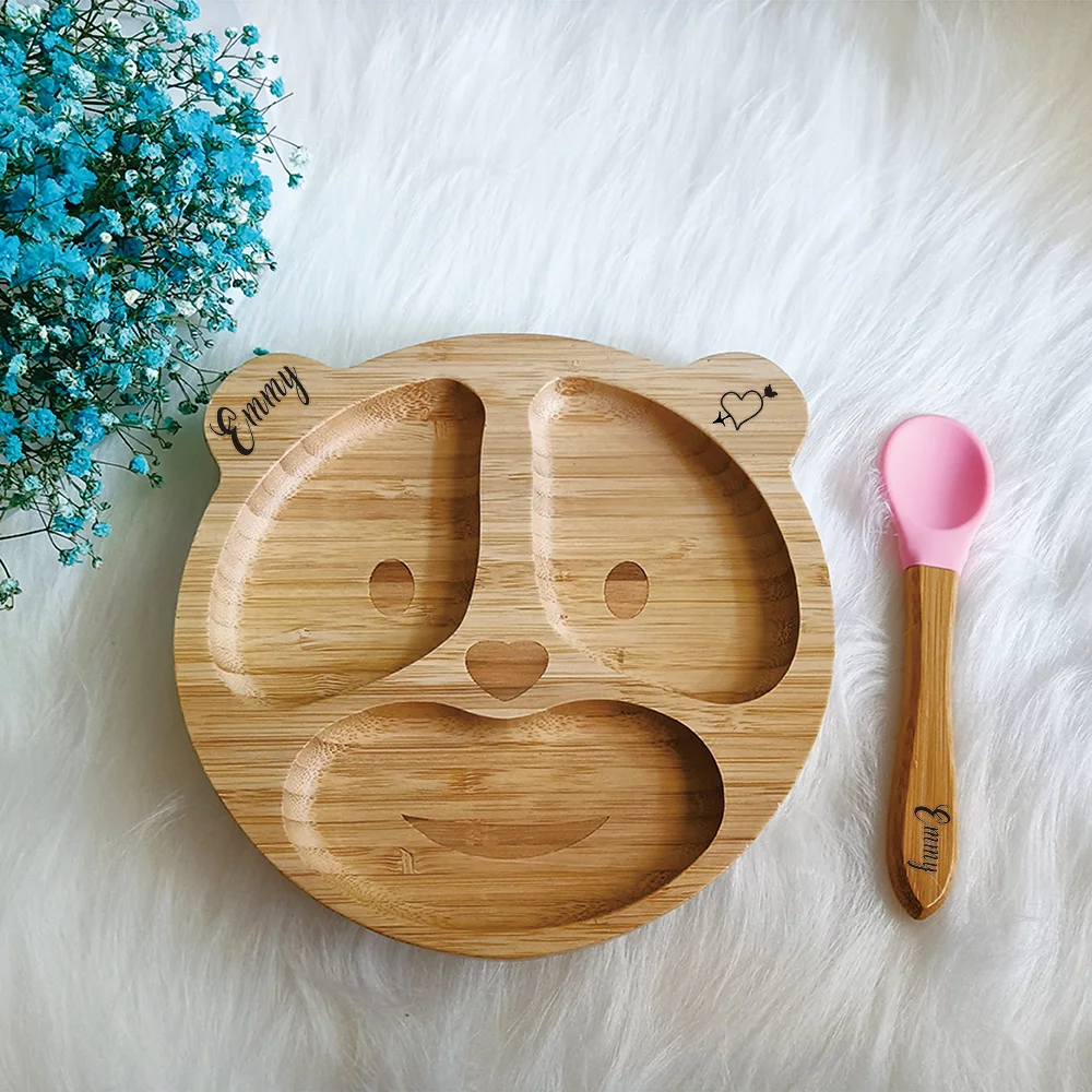 

Cute Bear Bamboo Feeding Tray, Silicone Suction Cup, Non-Slip Natural Wooden Baby Tableware Set, Boys and Girls Gift