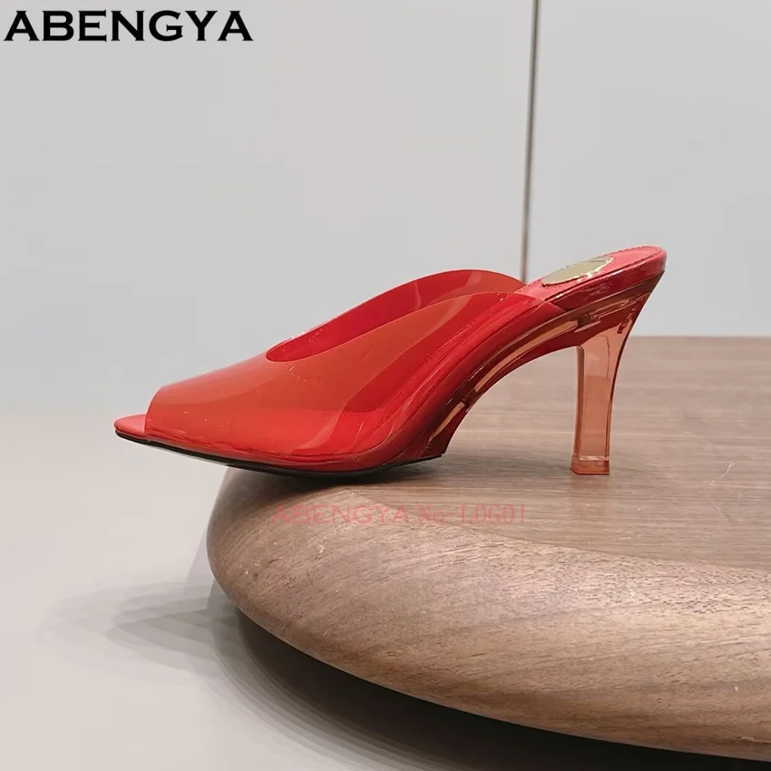 Summer  Red PVC Slides High Heels Slippers Women Square Open Toe Jelly Shoes Woman Sexy Modern Sandals Women's Slippers