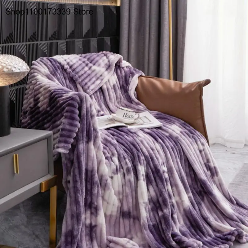 Imitation Rabbit Pure Color Bedroom Large Stripe Art Tie Dye Casual Nap Milk Velvet Blanket Living Room and Office