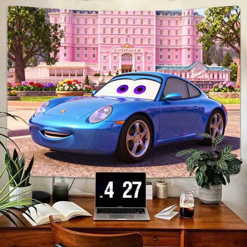 

1PC Sally Carrera Blue Car Tapestry, Cars Movie Wall Art, Vibrant Cartoon Porsche, Pink Hotel Background, Polyester Kids Room De