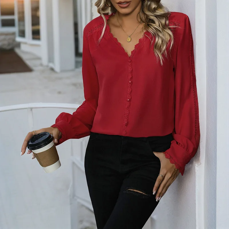Autumn 2025 New Women's Fashion Romantic Elegant Temperament Commuter Dating Joker Top V-neck Long Sleeve Red Shirt Lady