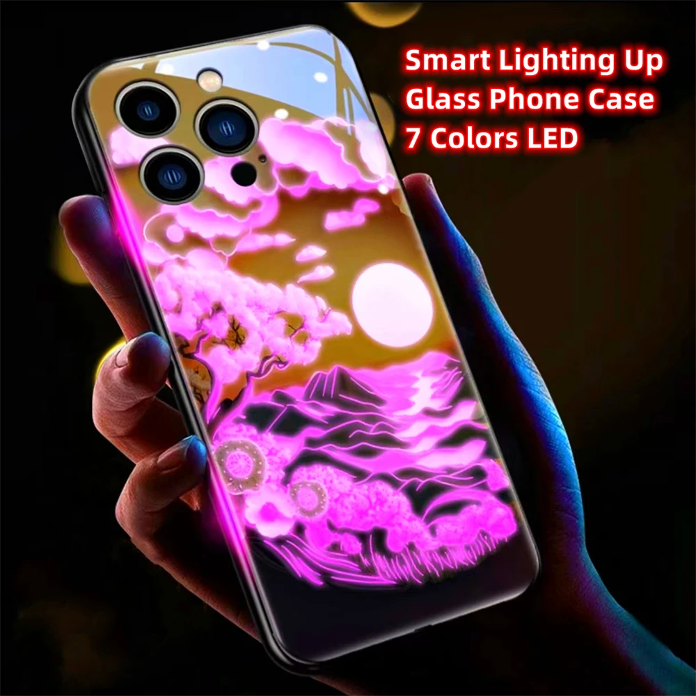 Luxury Platinum Landscape Smart LED Light Glowing Glass Phone Case For Samsung S24 S23 S22 S21 S20 FE Note 10 20 Plus Ultra A54