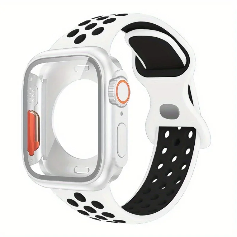 Correa de silicona con funda protectora de pantalla para iWatch Series 4/5/6/SE/7/8/9 45mm/44mm/41mm/40mm correa de reloj deportivo con cierre de mariposa