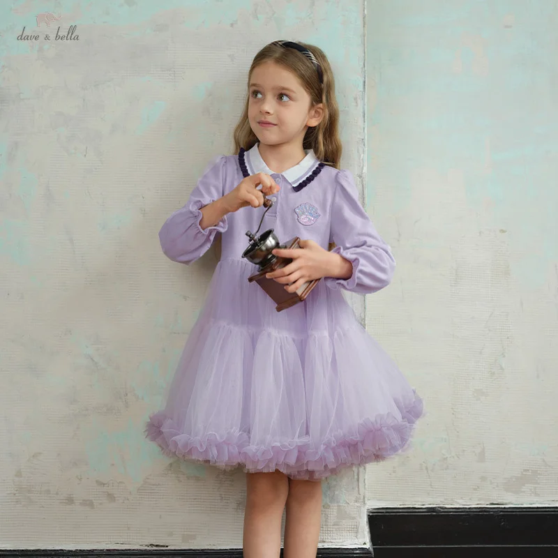 Dave Bella Children's Mesh Princess Dress Spring Sweet Cute Fashion Casual Long Sleeve Girls Baby Dress Party Charm DK1250523