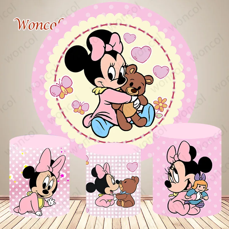 Disney Minnie Mouse Round Backdrop Baby Birthday Backdrop Girl Birthday Baby Shower Pink Circle Cylinder Cover Photo Photocall