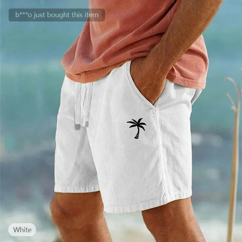 Coconut Printed Pants Linen Shorts Drawstring Elastic Waist Solid Color Breathable Beach Five-point Casual Pants
