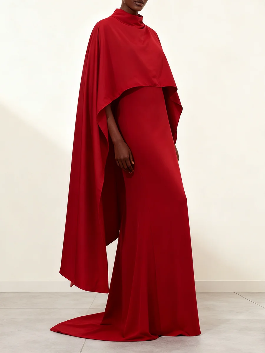 VGH Solid Temperament Shawl Dinnerdresses For Women Tound Neck Sleveless High Waist Elegant Slimming Dress Female Fashion New