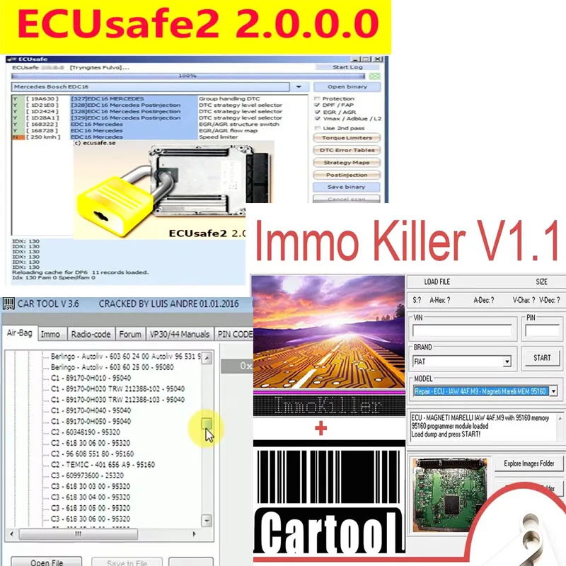 ECUSafe 2.0 + ImmoKiller v1.1 +Cartool 3.6 Software Link ECU Programmer Tool for Car Repairing Passing Virigining the Immobilize