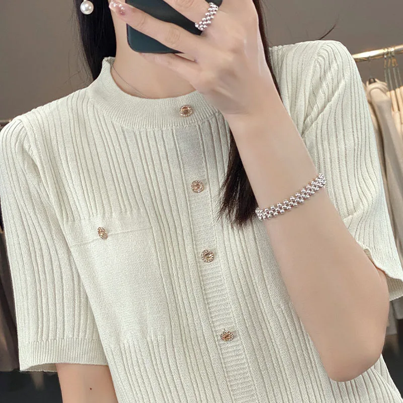 Summer women\'s pure cotton sweater O-neck short sleeved knitted short sleeved solid color casual short sleeved women\'s top