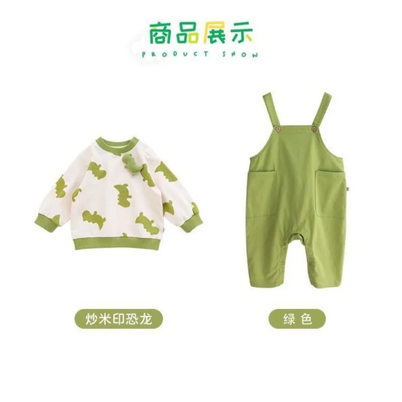 Spring Toddler Boys Overalls 3D Dinosaur and Hoodies Set Baby Cotton Pullover Cartoon Sweater Set with Pants Children Clothes