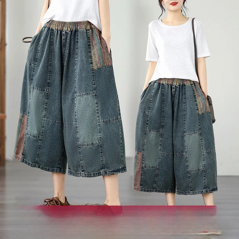 

plus Size Summer Thin Wide Leg Jeans High Waist Seven Tenths Old Style Splicing Casual Loose Fit Ladies Jeans Cotton Polyester