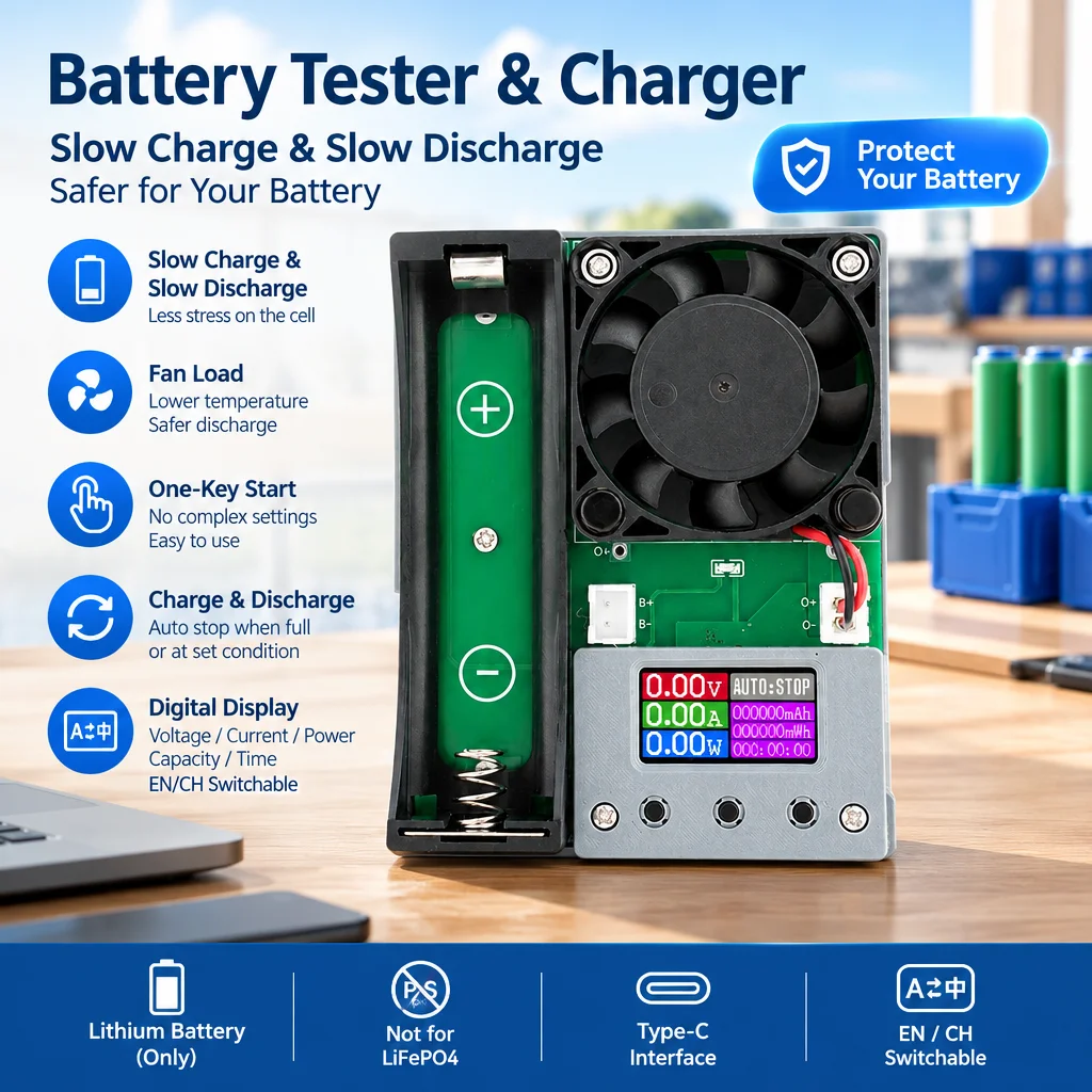 BTF-01 Battery Capacity Tester for 18650 Batteries DC 5V 1-Channel Slow Charge/Discharge Air-Cooled Fan Digital Display Type-C