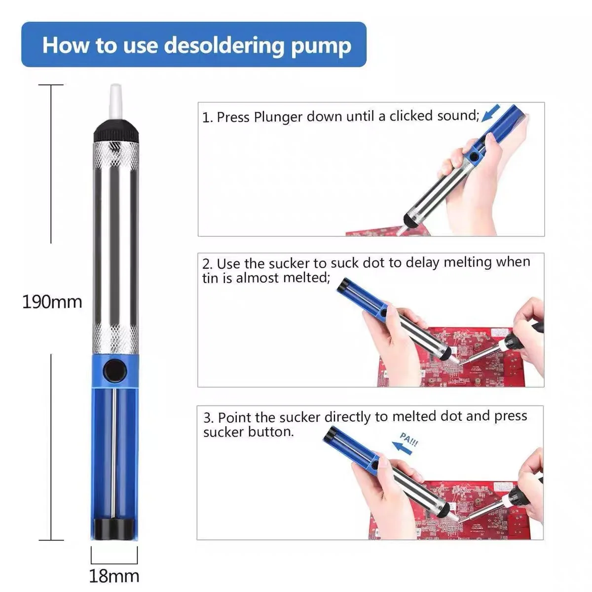 Imagem -04 - Alumínio Desoldering Sucção Bomba Ferramenta Solda Otário Tin Pen Remoção Dispositivo Azul Vácuo Solda Ferro Dessolder Quente