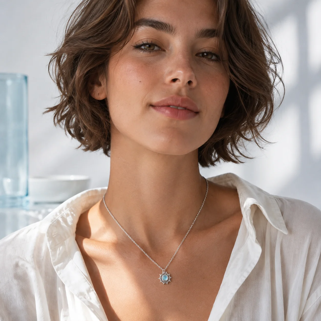 ITSMOS Rotating Aquamarine Compass Pendant Necklace Nautical Calming Healing Helm Spinner Pendant Beach Vacation Gift for Women