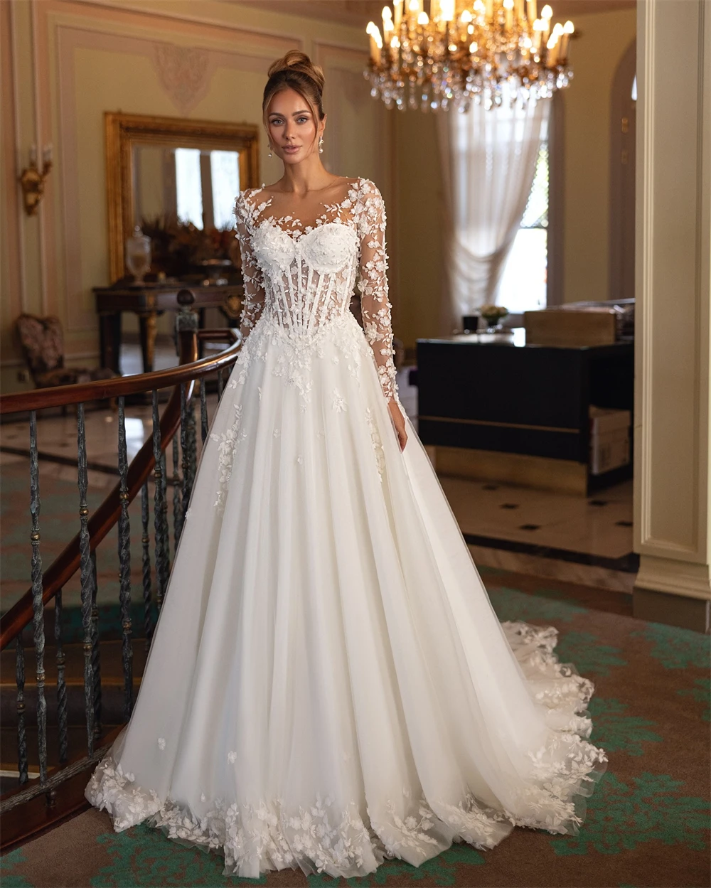 Aangepaste romantische parels en applicaties bruidsjurken witte tule lange mouwen trouwjurk eenvoudige o-hals a-lijn robe de mariée