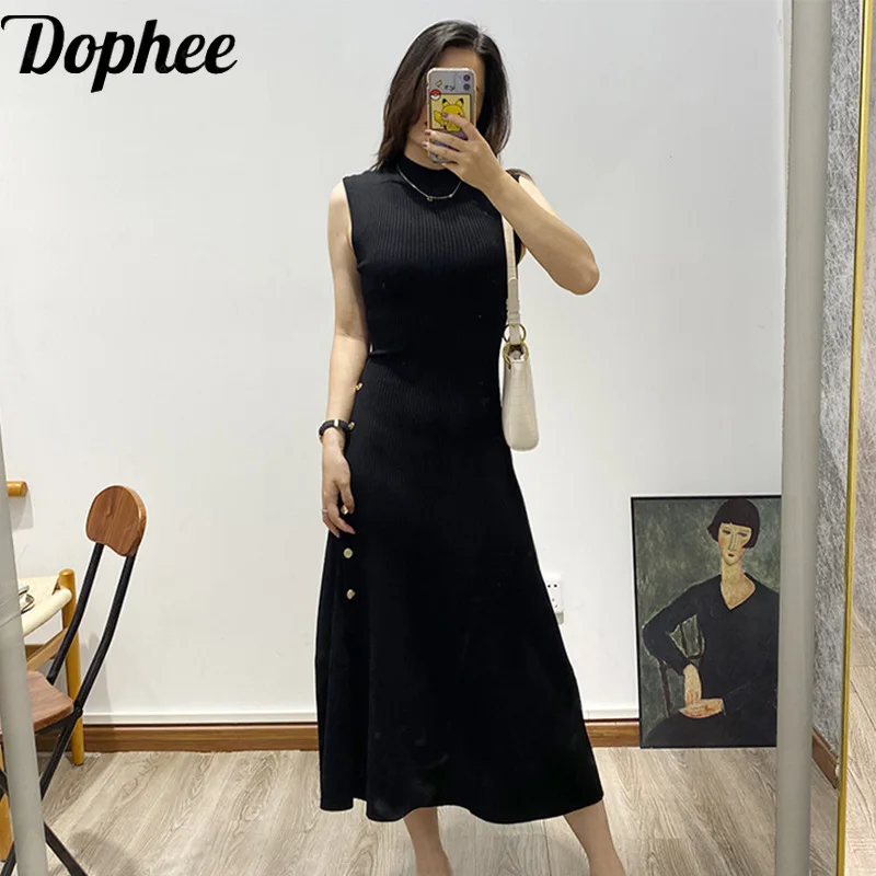 

High Quality Women Sleeveless Knitted Dress All-match Bottom Dress Metal Buckle Elegant Slim Ultra Long A-line Black Knit Dress