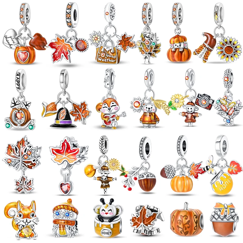 Autumn Maple Leaf Pumpkin Squirrel Original Charm Silver Plated Beads Fit Bracelets Bag Keychain Charms Diy Women Gift Accessory