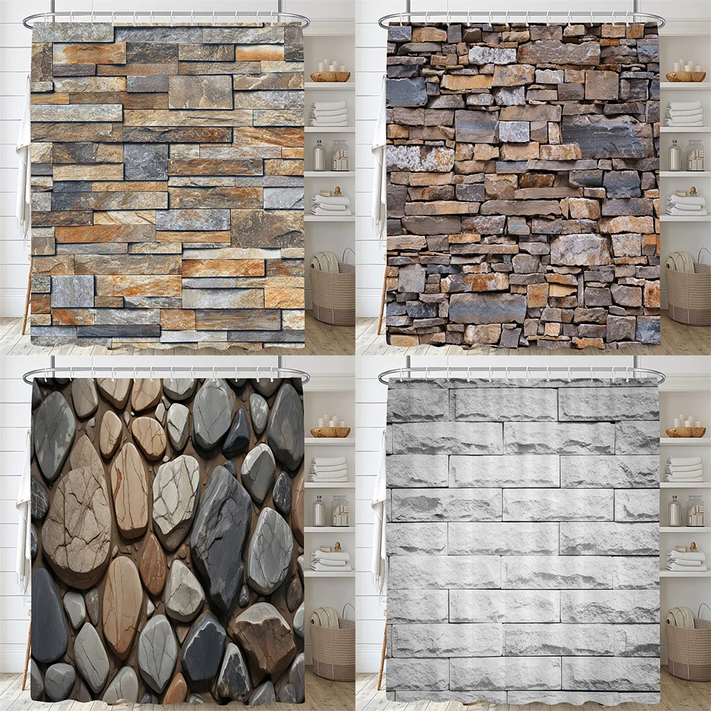 

Rural Brick Wall Printed Shower Curtain Mildew Washable Curtain with Hooks Bathroom Decorative Curtain Rocks 3D Shower Curtains