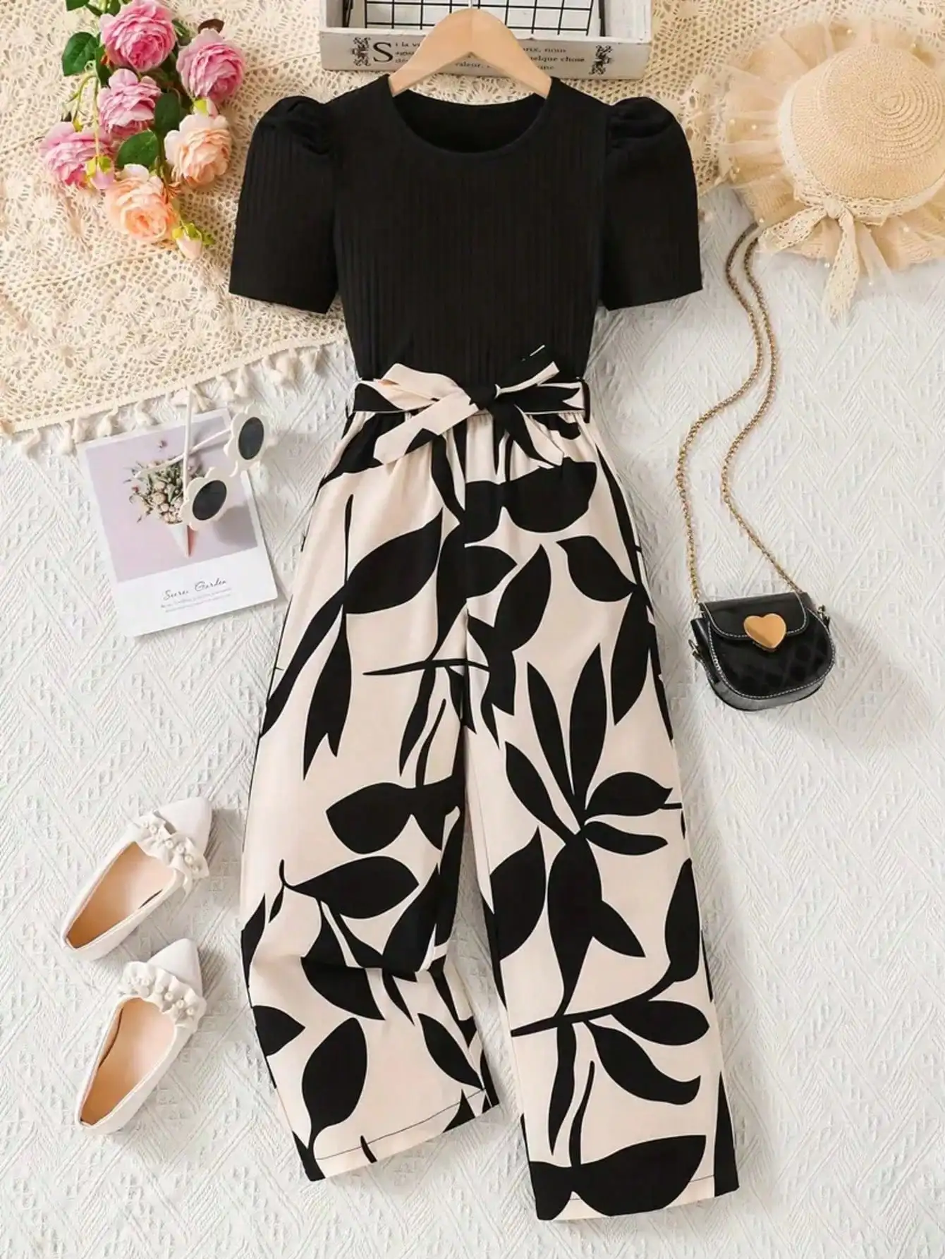 Girls' solid color waist tied bow top, loose wide leg pants for summer vacation, suitable for outdoor wear