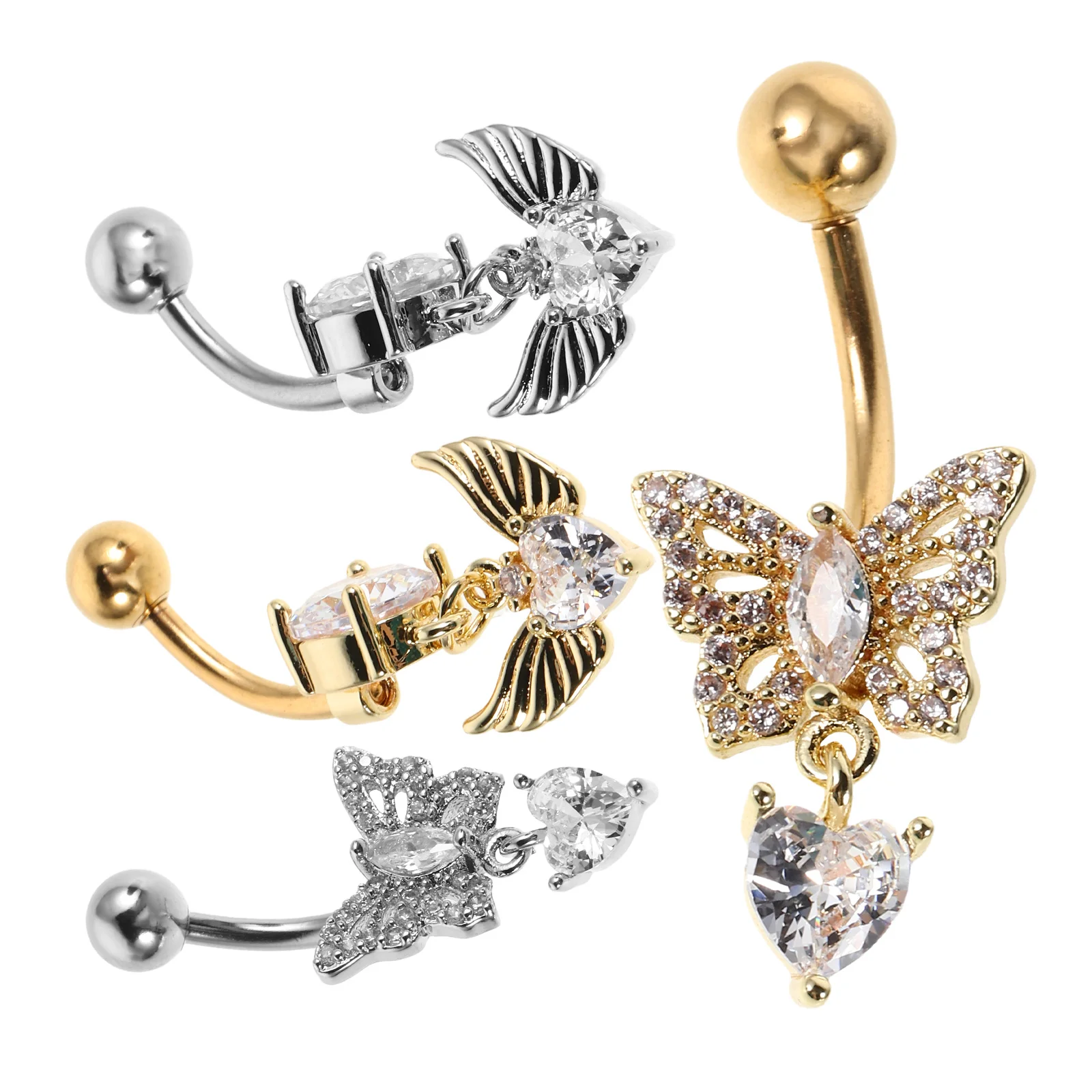 

4Pcs Butterfly Angel Belly Rings Heart Zirconia Navel Jewelry Comfortable Stainless Steel Butterfly Belly Button Rings