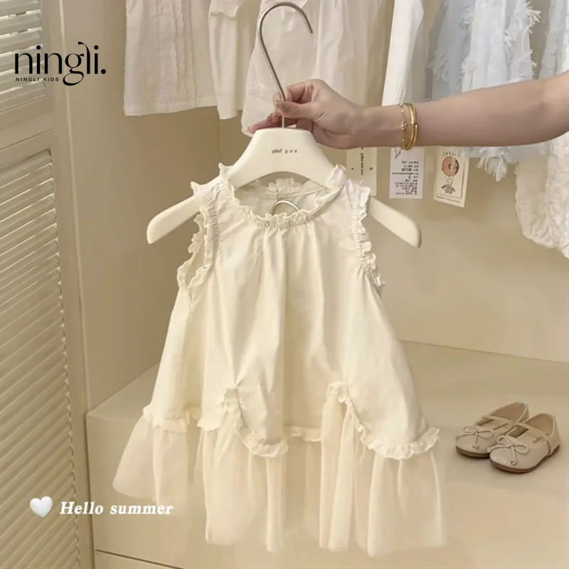 Girls Casual Dresses Bow Knot Summer New Korean Children Clothing White Lantern Skirt Ballet Style Vest Bows 2024