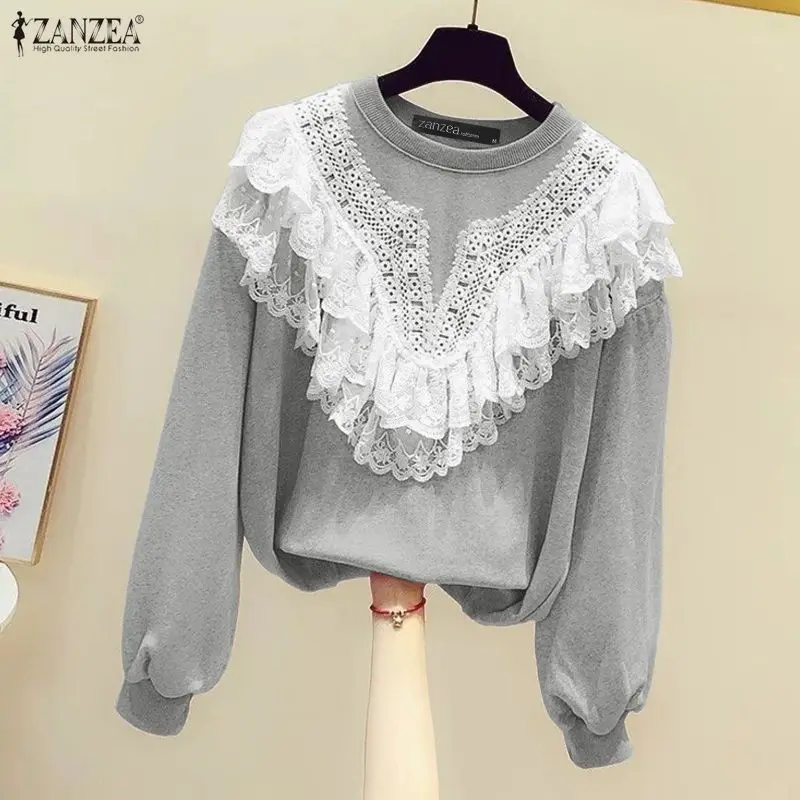 ZANZEA Frauen Sweatshirts Frühling Mode Langarm Pullover Casual Spitze Patchwork Jumper Oansatz Herbst Winter Kleidung Tops