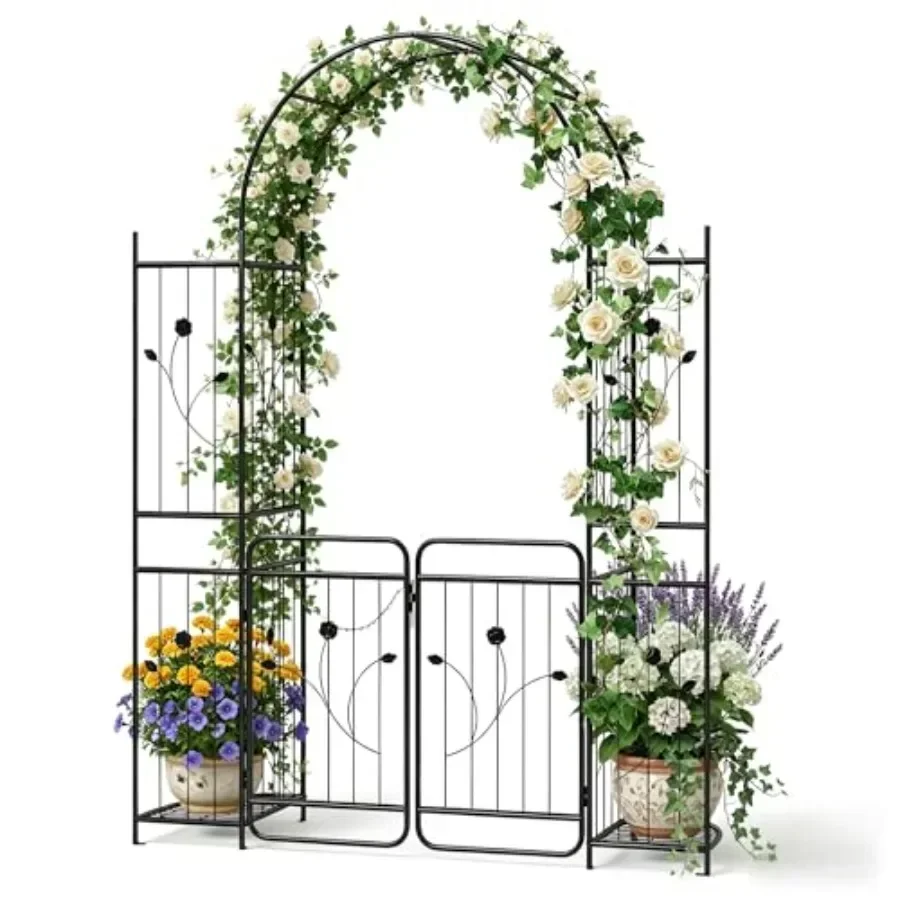 87-Inch Metal Garden Arch with Lockable Gate and Side Shelves for Outdoor Use, Black Powder-Coated Steel, Rust-Resistant and St