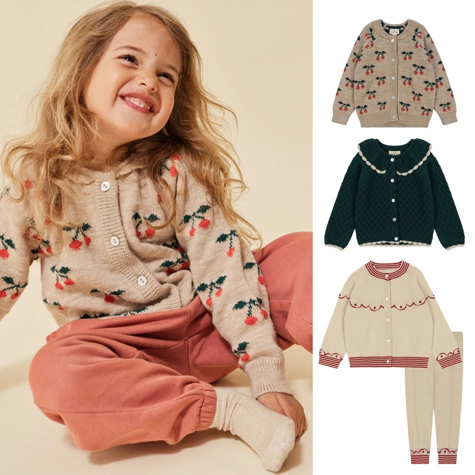 2023 KS Spring Baby Girl Clothes Set Infant Knit Sweater Cardigan Jumpsuit Long Sleeve Pullover Children Pants Suit