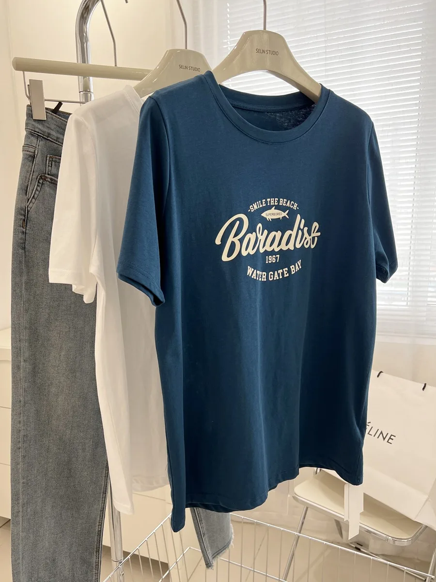 

Retro American Peaco Blue Letter Print ort Sve Women's T-irt Summer Loose Chic Hong Kong Sle f Sve Pure Cott...