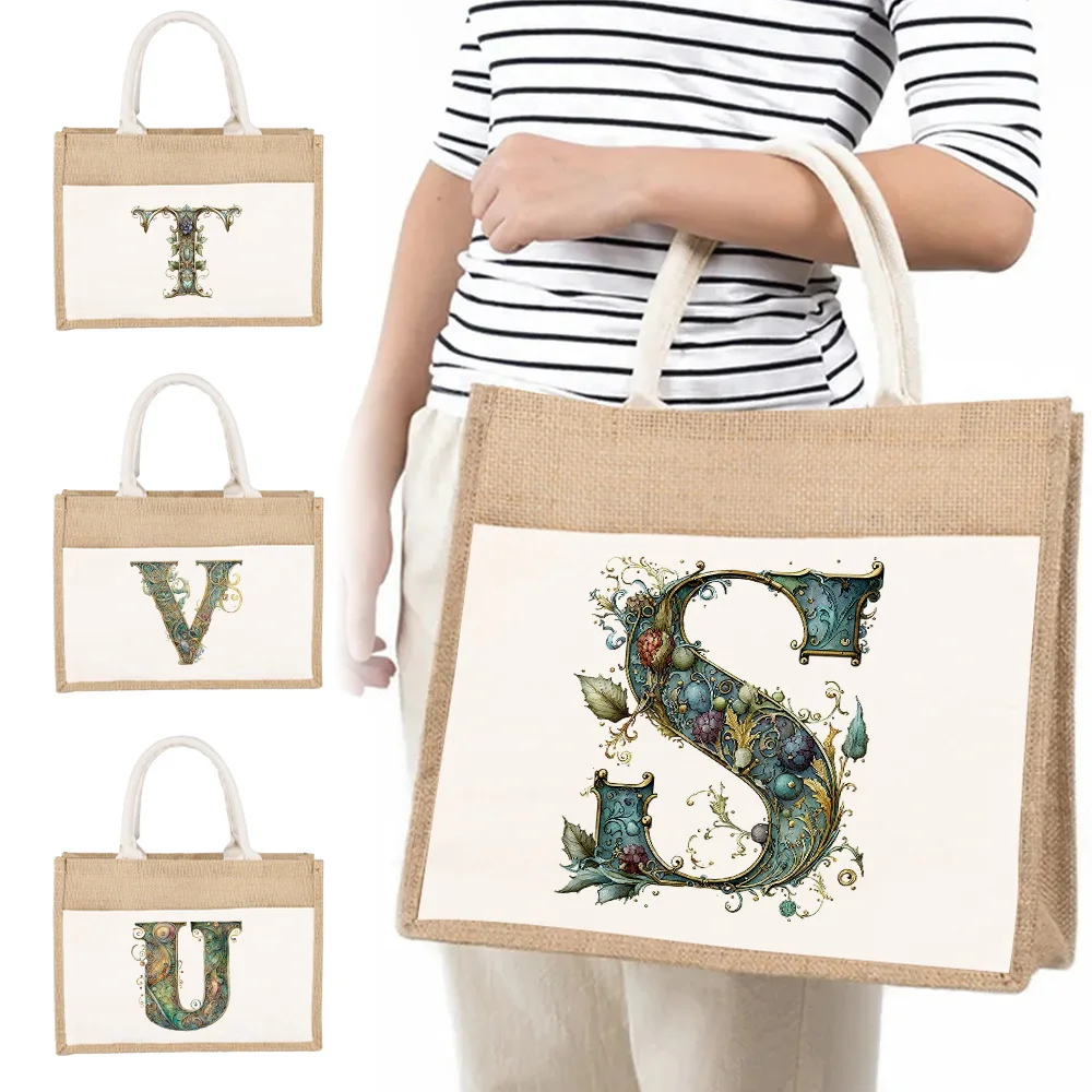 Simplicity Commuting Handbag Linen Shoulder Bag Graphic Letter Print Pattern Yellow Linen Imitation Burlap Women's Shopping Bag